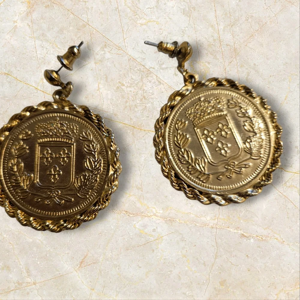 Gold Coin Medallion Earrings - Picture 2 of 2